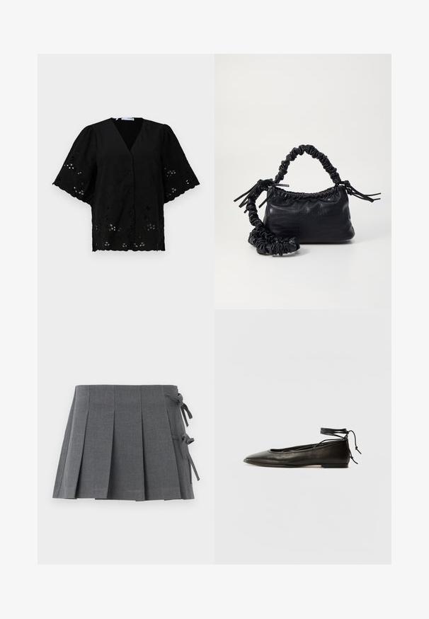 Fekete, rövid ujjú blúz V-nyakkal, virágos hímzéssel és kivágásokkal díszítve. Puha anyag, texturált felülettel.; Szürke plisszírozott szoknya megkötőkkel ellátott derékrésszel, texturált anyagból készült, letisztult vonalakkal és látható fémalkatrészek nélkül.; Fekete bőr balettcipők hegyes orral, bokakötővel és lapos talppal, sima textúrával és minimalista dizájnnal.; Fekete műbőr kézi táska krokodil bőr textúrával, összehúzható tetejű és gyűrt pánttal. Lágy és kompakt dizájnúnak tűnik.