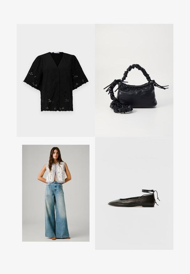 Sort kortærmet bluse med V-hals, der har blomsterbroderi og udskæringer. Blødt stof med en tekstureret overflade.; Kvinde iført ærmeløs hvid vest med blomsterprint, parret med høj talje, brede, blege blå jeans og brune sko, stående med hænderne bag ryggen.; Sorte læder ballerinaer med spids tå, ankelbinding og flad sål, der har en glat tekstur og minimalistisk design.; Sort kunstlæder håndtaske med krokodilteksur, indsnøret top og en sammenkrøben rem. Ser blød og kompakt ud i designet.