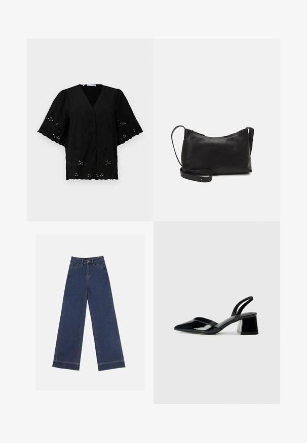 Zwarte blouse met korte mouwen en een V-hals, met bloemenborduursel en uitsparingen. Zachte stof met een gestructureerd oppervlak.; Wide-leg jeans in donkerblauwe denim. Voorzien van vijf zakken, riemlussen en een rauwe zoom onderaan met zichtbare stikseldetails.; Zwarte gepatineerde leren slingback hakken met een spitse neus en een geometrische blokhak. Kenmerkt zich door een slank, minimalistisch ontwerp en een gladde textuur.; Zwarte leren schoudertas met een gladde textuur, gebogen vorm, verstelbare schouderband en een ritsafsluiting. Minimalistisch ontwerp zonder versieringen.