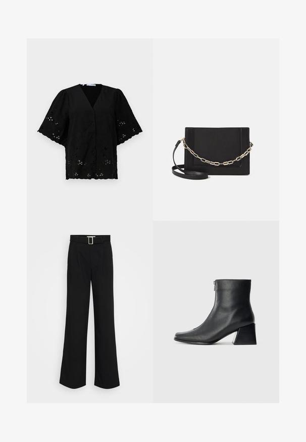 Schwarze Kurzarmbluse mit V-Ausschnitt, versehen mit floralen Stickereien und Cut-Out-Details. Weicher Stoff mit strukturierter Oberfläche.; Schwarze weit geschnittene Hosen aus leichtem Stoff, mit glatter Oberfläche, vorderen Falten und einem Gürtel mit einer quadratischen Metallschnalle.; Schwarze Lederstiefelette mit quadrater Zehenform, seitlichem Reißverschluss und Blockabsatz vor einem schlichten hellen Hintergrund.; Schwarze Leder-Crossbody-Tasche mit glatter Textur, rechteckiger Form und metallic-kettendetail auf der Vorderseite. Verstellbarer Gurt inklusive.