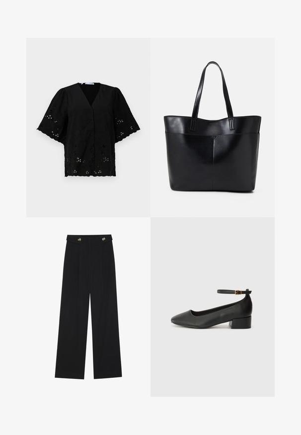 Blusa nera a maniche corte con scollatura a V, caratterizzata da ricami floreali e dettagli con apertura. Tessuto morbido con superficie testurizzata.; Pantaloni neri a gamba larga con vita alta, dettagli con bottoni in vita e pieghe frontali.; Pump in pelle nera con punta affusolata e tacco basso a blocco. Presenta una cinghia alla caviglia con una fibbia in tonalità oro. Texture liscia.; Borsa a tracolla in pelle nera con due manici lunghi, una texture liscia e una forma strutturata. Presenta una tasca frontale per ulteriore spazio di archiviazione.