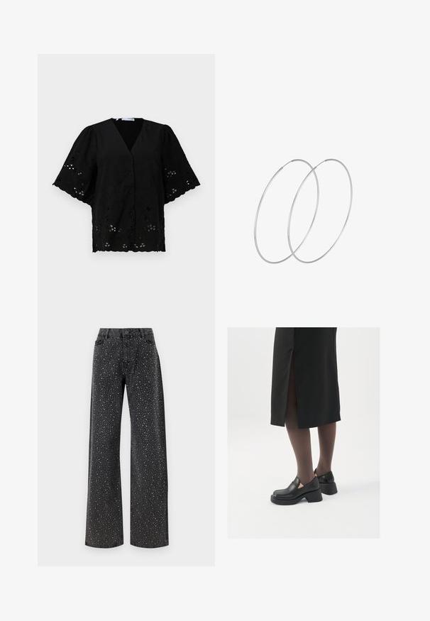 Must pilootükkidega must särk, millel on V-kaelus ja lilleline tikand ning lõikeavad. Pehme kangas tekstuurse pinnaga.; Noisy May NMJANNEL LOOSE - Avar lõikega teksad - black denim; Mustad mustad jalatsid ümmarguse varbaga, paksu plokkniidi ja elastsete külgdetailidega, kombineeritud tumedate sukkade ja musta lõhikuga seelikuga.; Hõbedased rõngastikkaehingad minimalistlikus disainis. Ümar kuju, sile tekstuur ja õhuke profiil. Kerged ning poleeritud viimistlusega.