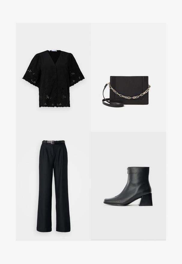 Schwarze Kurzarmbluse mit V-Ausschnitt, versehen mit floralen Stickereien und Cut-Out-Details. Weicher Stoff mit strukturierter Oberfläche.; Schwarze weit geschnittene Hose aus glattem Stoff, mit vorderen Falten und einem passenden schwarzen Gürtel mit einer silbernen Schnalle.; Schwarze Lederstiefelette mit quadrater Zehenform, seitlichem Reißverschluss und Blockabsatz vor einem schlichten hellen Hintergrund.; Schwarze Leder-Crossbody-Tasche mit glatter Textur, rechteckiger Form und metallic-kettendetail auf der Vorderseite. Verstellbarer Gurt inklusive.