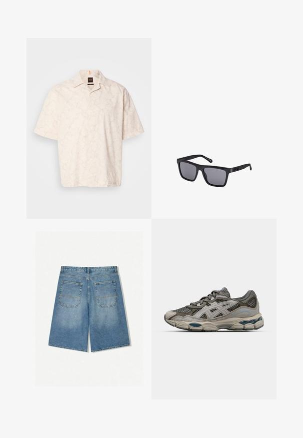 Kratke rukave, z gumbi zapeta srajca v svetli bež barvi z rahlim marmoriranim vzorcem, narejena iz gladkega materiala, s klasičnim ovratnikom in oznako na prsih.; Denim kratke hlače v svetlo modri barvi s sproščenim krojem, ki imajo dve zadnji žepu in vidne šive. Tkanina ima mehak in gladek teksturo.; Sive in bež športni čevlji z mrežnimi paneli, pikčasto teksturo in srebrnimi akcenti. Imajo oblazinjeno podplat in vezalni dizajn.; Črne pravokotne sončne očala z temnimi lečami, mat finišem in logotipom na nosilcu. Oblikovanje vključuje ravne robove in debele okvirje.