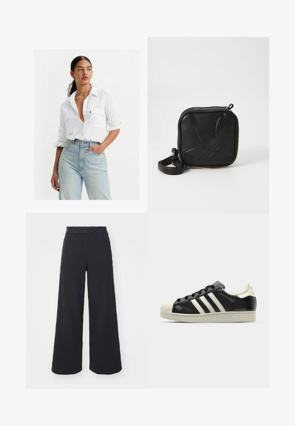 Camicia bianca con bottoni davanti, due tasche sul petto, maniche arrotolate e una vestibilità rilassata, abbinata a jeans azzurri a vita alta e accessori minimal.; Pantaloni felpati neri a gamba larga realizzati in tessuto morbido, con un elastico in vita e un piccolo logo sul lato sinistro.; Sneaker in pelle nera con strisce bianche, punta in gomma, lacci neri e suola di colore crema. Texture liscia con finitura brillante.; Borsa a tracolla nera realizzata in materiale sintetico testurizzato. Presenta un design con logo inciso e una tracolla regolabile. Chiusura con zip.