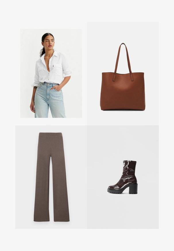 Valkoinen nappikauluspaita, jossa on kaksi rintataskua, käärityt hihat ja rento istuvuus, yhdistettynä vaaleansinisiin korkeavyötäröisiin farkkuihin ja vähäisiin asusteisiin.; Ribbineulotut, leveälahkeiset housut tummanruskeassa värissä, joissa on joustava vyötärönauha ja pehmeä, teksturoitu kangas.; Satea bordeaux berwarna mengkilap dengan tumit hitam tebal, menampilkan tekstur halus dan desain sederhana. Tanpa pengikat atau pola yang terlihat.; Ruskea nahkainen olkalaukku, jossa on sileä pinta, avoin yläosa ja kaksi olkahihnaa. Omaavat vain minimaalisen ompelun eikä näkyvää metalliosaa.