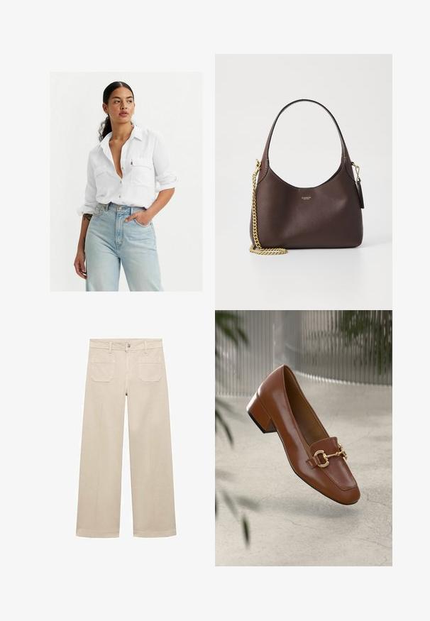 Weißes Hemd mit Knopfleiste, zwei Brusttaschen, aufgekrempelten Ärmeln und lässiger Passform, kombiniert mit hellblauen, hochgeschnittenen Jeans und minimalem Zubehör.; Beige weite Hose aus Baumwolle. Mit Reißverschluss, einer vorderen Knopf- und zwei aufgenähten Taschen auf der Rückseite. Sauberer Saum ohne Verzierungen.; Braune Lackleder-Loafer mit quadratischer Zehenpartie, metallischem Kettenakzent und niedrigem Blockabsatz; glatte Textur, minimalistisches Design.; COACH BROOKLYN SHOULDER BAG 23 - Handtasche - maple