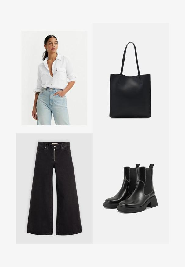 White button-up shirt with two chest pockets, rolled sleeves, and a relaxed fit, paired with light blue high-waisted jeans and minimal accessories.; Wide-leg jeans in black denim with a zippered front, five-pocket design, and subtle stitching details. Smooth texture and casual style.; Black leather Chelsea boots with a chunky heel, elastic side panels, and contrasting white stitching. Textured finish.; Black leather tote bag with smooth texture, rectangular shape, and two long handles. No visible hardware or embellishments.