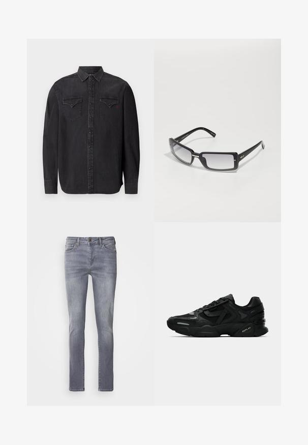 Juodas džinsinis marškinys ilgomis rankovėmis su klasikiniu apykakle, užsegimu ant spaudžių, dviem krūtinės kišenėmis ir subtilia raudona logotipo detale.; Replay Inc. Ilgarankovis viršutinės dalies drabužis - stoned grey; Šviesiai pilki džinsai su tiesiu kirpimu, turintys penkis kišenes, varinį mygtuką ir nežymų nusidėvėjimą ant kojų.; Juodi sportiniai sneakeriai su tekstūruota viršutine dalimi, atspindinčiomis detalėmis ir pagalvotu padu. Yra raišteliai ir prekės ženklas šone.; Juodų stačiakampių saulės akinių su gradientiniu lęšiu, turinčių storą rėmelį ir metalinius akcentus ant kojelių. Visoje apieje glotni tekstūra.