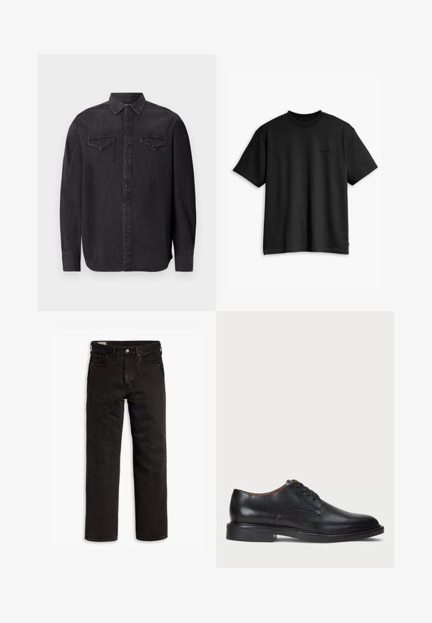 Hosszú ujjú fekete farmering klasszikus gallérral, patent gombos záródással, két mellzsebbel és diszkrét piros logó részlettel.; Fekete pamut póló kerek nyakkal és rövid ujjakkal. Diszkrét elülső logóval és egyenes szegéllyel rendelkezik. Egyszerű és minimalista dizájn.; Fekete egyenes szárú farmernadrág öt zsebbel, gombos záródással és övhurkokkal, fehér háttéren elhelyezve.; Fekete bőrből készült dresszcipő kerek orral, fűzős kialakítással és alacsony, rétegelt sarkával. Simás felület minimális varrási részletekkel.
