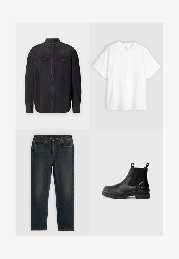 Langermet svart denimb skjorte med klassisk krage, trykknapplukking, to brystlommer og en subtil rød logodetalj.; Hvit t-skjorte med korte ermer laget av bomull, med rund hals. Har diskret preget logo detalj foran og en rød etikett på kanten.; Mørkeblå denimjeans med rette ben, med fem lommer, glidelås og kontraststing. Subtil fading på stoffet.; Sorte skinn Chelsea-støvler med elastiske paneler på siden, tykk gummisåle, trekkfliker og metallmerke på hælen.