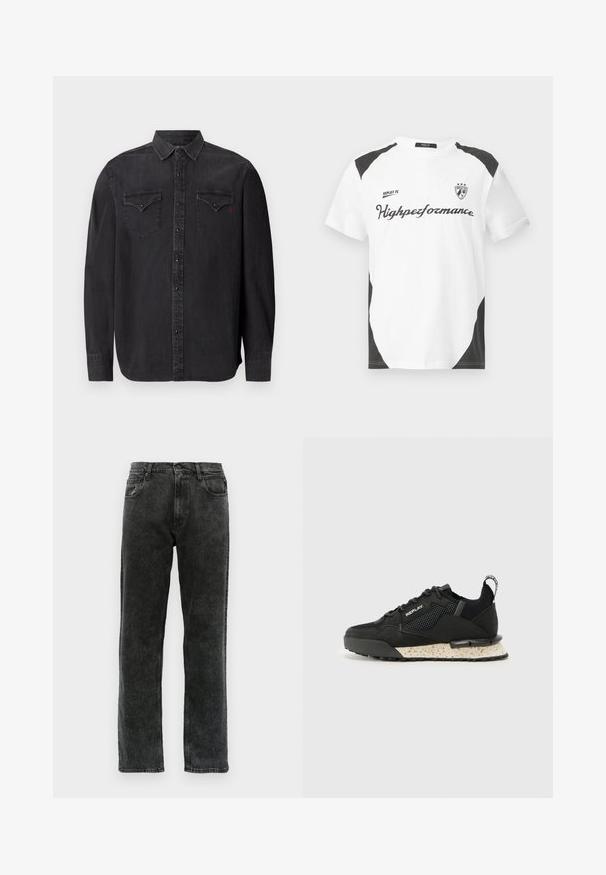 Langermet svart denimb skjorte med klassisk krage, trykknapplukking, to brystlommer og en subtil rød logodetalj.; Hvit kortermet T-skjorte med svarte detaljer. Har "REPLAY FC" logo og "Highpeformance" tekst i en sporty skrifttype. Laget av et glatt materiale.; Svarte denimjeans med rett ben, med fem lommer, knappelukking og subtile falminger langs stoffet.; Replay FIELD MELT 25 - Joggesko - black
