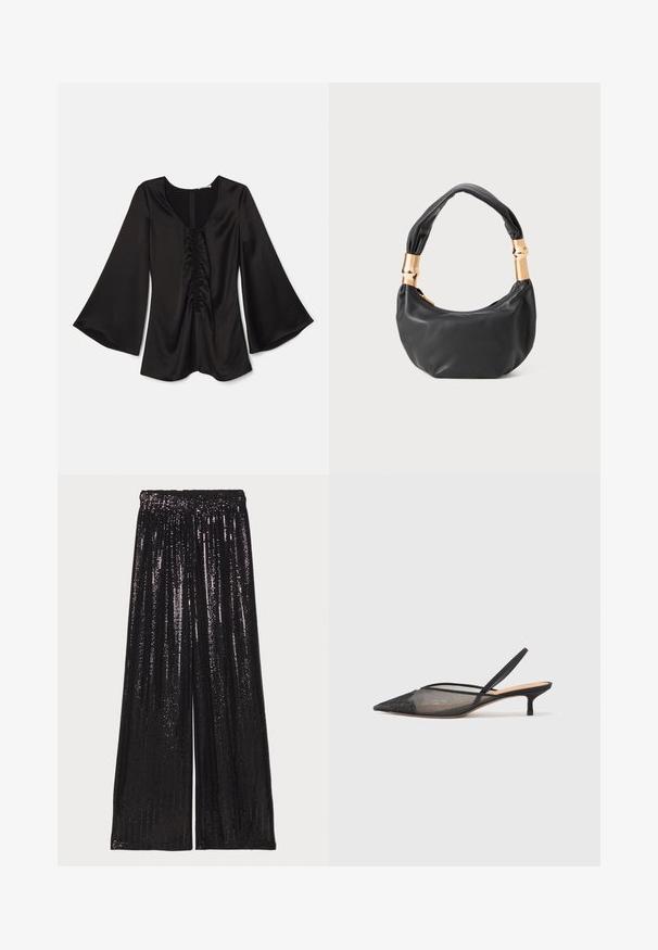 Melna satīna blūze ar garām, izplešamām piedurknēm. Iezīmēta ar dziļu apaļu kaklu un ručotu detaļu centrā. Gluda tekstūra. Aizmugures rāvējslēdzēja aizdare.; Melni, plati bikses, kas izgatavotas no mirdzoša auduma, ar teksturētu virsmu un elastīgu jostu ērtiem valkāšanai.; NEOUS IRENA - Klasiski papēži - black; Melnas ādas rokassoma ar apaļu formu, mīkstu tekstūru un mezgla rokturi, kas rotāts ar zelta tonētiem aksesuāriem. Ar rāvējslēdzēja aizdari.