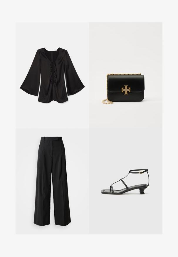 Black satin blouse with long, flared sleeves. Features a deep scoop neck and ruched detail down the center. Smooth texture. Back zip closure.; Black wide-leg trousers made of a smooth fabric with a high waistband, featuring two front pleats and a tailored design.; Black leather sandal with a square toe, thin straps, adjustable ankle strap, and a low heel. Features a small gold accent on the strap.; Black leather handbag with gold-tone chain strap and logo accent. Features a rectangular shape with a fold-over flap. Smooth texture.