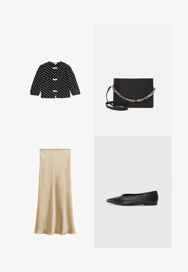 Cardigan a pois neri con tre fiocchi bianchi, maniche a sbuffo lunghe e scollatura rotonda. Tessuto morbido con una texture liscia.; Gonna midi in satin beige con una texture liscia e una leggera lucentezza, con vita aderente e silhouette fluida. Nessun motivo o decorazione visibile.; Ballerine in pelle nera, punta affusolata, design minimalista, texture liscia, tacco basso, senza hardware o decorazioni visibili.; Borsa a tracolla nera in pelle con una texture liscia, forma rettangolare e dettaglio in catena metallica sul davanti. Inclusa una tracolla regolabile.