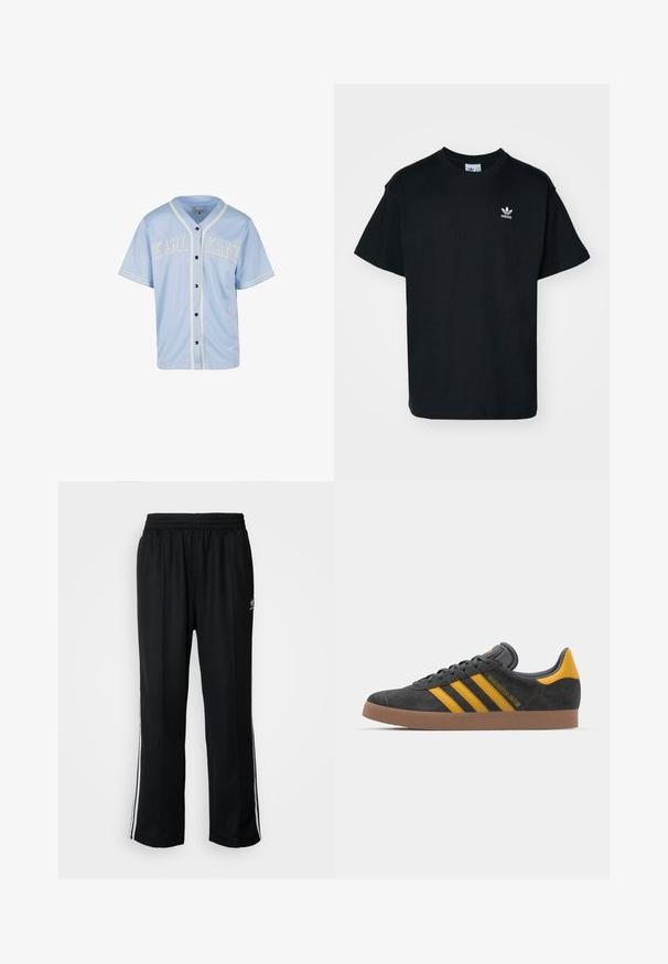 Lichtblauwe honkbaltrui van soepel materiaal. Kenmerkend zijn de witte bies en de geborduurde tekst "KARL KANI" over de borst in vetgedrukte letters, met zwarte knopen.; Zwarte katoenen t-shirt met een ronde hals en korte mouwen, voorzien van een klein wit Adidas-logo op de linkerborst.; Zwarte sportbroeken met een elastische tailleband, voorzien van witte zijkanten en een klein logo. Het materiaal lijkt zacht en lichtgewicht te zijn.; Zwarte suède sneakers met gele accenten, voorzien van drie strepen en een bruine rubberen zool. Inclusief een gevoerde tong voor comfort.