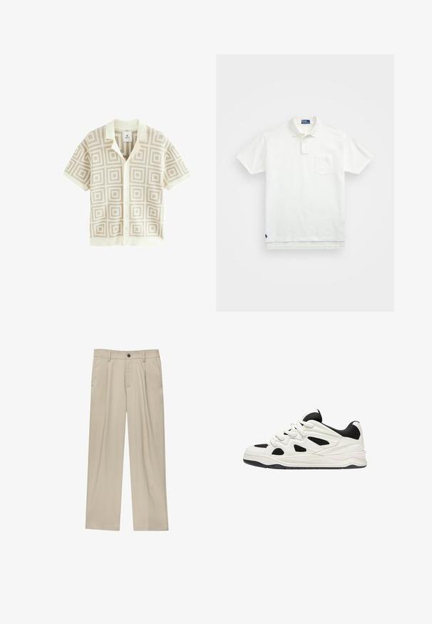 Beiges Kurzarmhemd mit Knöpfen, geometrischem Quadratmuster und umgeschlagenem Kragen, hergestellt aus leichtem Strickstoff.; Weißes Poloshirt aus Baumwolle, mit klassischem Kragen, Drei-Knopf-Leiste und einer linken Brusttasche; kleines Logo am Saum.; Beige Hosen mit geradem Schnitt, ausgestattet mit einem einzelnen schwarzen Knopf, Gürtelschlaufen und Seitentaschen. Glatte Stofftextur und minimalistisches Design.; Weiß-schwarze Sportschuhe mit einer strukturierten Sohle, die auf der Seite ausgeschnittene Designs und Schnürsenkel aufweisen, sowie eine gepolsterte Ferse für Unterstützung.