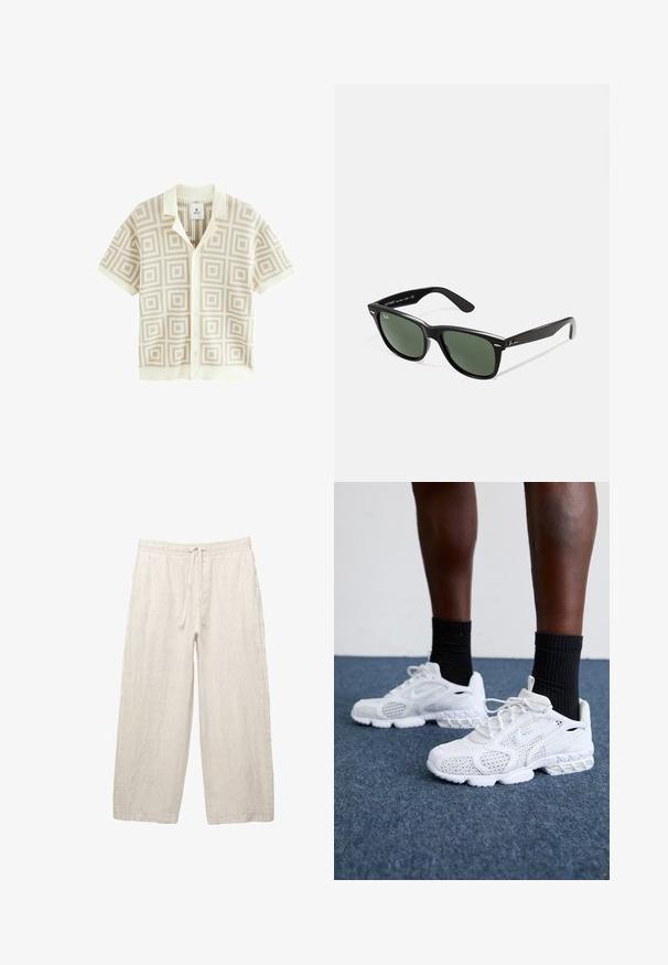 Short-sleeve beige button-up shirt with geometric square pattern and a fold-over collar, made from lightweight knit fabric.; Linen trousers in light beige, featuring an elastic waistband with a drawstring, wide-leg design, and side pockets. Smooth texture.; White athletic shoes with mesh upper, textured accents, and cushioned sole. Paired with black ribbed ankle socks on a blue carpeted surface.; Black plastic sunglasses with green lenses, square frames, silver accent on the brow, and textured temple arms. Stated brand on inner arm.