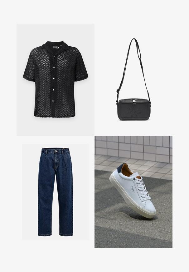 Černá krátkosrstá košile vyrobená z krajkového materiálu s designem chevron, límcem a zapínáním na knoflíky s bílými knoflíky.; Tmavě modré džíny s rovnými nohavicemi. Mají viditelné švy, zapínání na knoflík a přední záhyby pro zvýraznění detailu.; Bílé kožené tenisky s námořnickým podpatkem, kulatou špičkou a kontrastními hnědými detaily. Obsahují ploché tkaničky a texturovanou gumovou podrážku.; Černá kožená taška přes rameno s uzávěrem na zip, vyraženým logem na přední straně a nastavitelným popruhem. Hladký povrch s obdélníkovým tvarem.