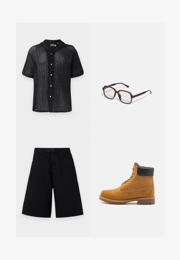 Black short-sleeve shirt made of lace material featuring a chevron pattern, a collar, and a button-down front with white buttons.; Black denim shorts with a relaxed fit, featuring a classic five-pocket design and button closure, smooth texture, and straight leg cut.; Tan suede ankle boot with black padded collar, gold metal eyelets, white stitching detailing, and rugged rubber sole with pronounced treads.; Brown, rectangular eyeglasses with transparent lenses and purple tints. Smooth plastic frame with straight temples and subtle accents.