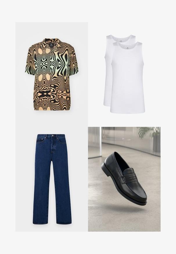 Kurzärmliges Hemd mit Knopfverschluss in Schwarz und Pfirsich, mit einem filigranen Wirbelmuster und geometrischen Formen, aus leichtem Stoff gefertigt.; Weiße Baumwoll-Tanktops, ärmelloses Design, runder Ausschnitt, schlichte Textur, aus einem weichen, leichten Stoff. Zwei Stücke ausgestellt.; Dunkelblaue Jeans aus Denim mit geradem Bein, verziert mit orangefarbenen Nähten, einem Knopfverschluss und zwei vorderen Taschen mit kontrastierenden Nieten.; Schwarzer Lederloafer mit glatter Textur, spitzer Zehe und einem dekorativen Riemen über dem Rist. Leichte Sohle, minimalistisches Design.
