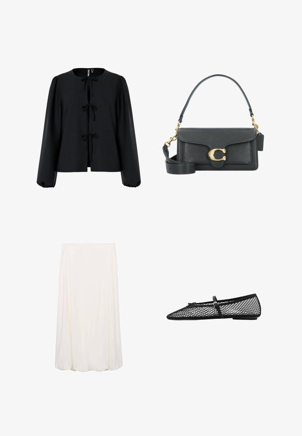 Črna skrajšana bluza z okroglim ovratnikom, tremi vezavami spredaj, dolgimi nabranimi rokavi in teksturirano tkanino.; Bela krilna krila do kolen s tekočim dizajnom in mehkim materialom. Preprost slog brez vidnih vzorcev ali kovinskih detajlov.; Črne mrežaste balerinke s konično oblikovanim prstom, okrasno zanko in subtilnim poudarkom. Imajo odprt mrežni dizajn in ravno podplat.; Črna usnjena torbica z zlatim okovjem, ki se ponaša s prepoznavnim zapiralom, odstranljivim ramenskim trakom in teksturirano površino.