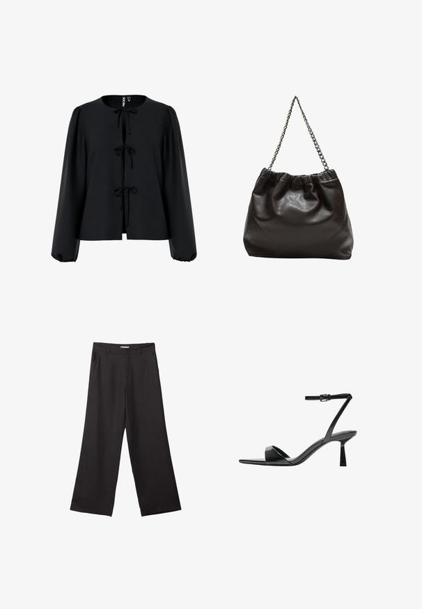 Čierny skrátený top s okrúhlym výstrihom, s tromi viazaniami vpredu, dlhými nafúknutými rukávmi a textúrovanou tkaninou.; Čierne široké nohavice vyrobené z hladkej tkaniny, so zipsom vpredu a dvoma bočnými vreckami, s prispôsobeným strihom a minimalistickým dizajnom.; Bershka Sandále na vysokom opätku - black; Hnedá kožená taška so zberaným vrchom a reťazovým popruhom. Hladký povrch s lesklým finišom a jemným švom po stranách.
