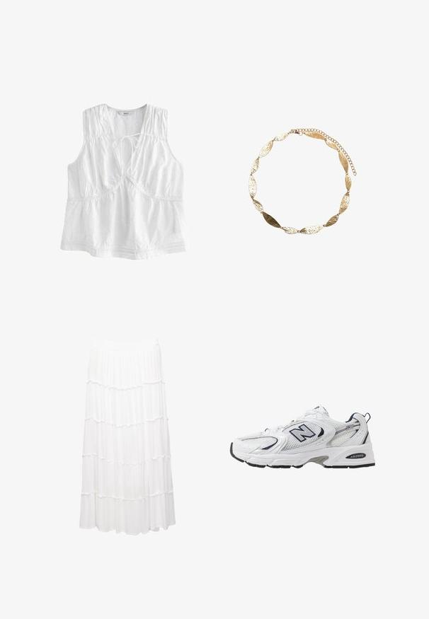 Next - Bluzka; Biała spódnica warstwowa wykonana z lekkiego materiału, z elastycznym pasem, falbanami i luźnym krojem, sięgającym do połowy łydki.; Białe sportowe buty z siateczkową cholewką, granatowymi akcentami i wyściełaną podeszwą. Posiadają logo "N", sznurówki oraz teksturowany detal po boku.; Złoty naszyjnik z owalnymi, tłoczonymi ogniwami, wyposażony w zapięcie i regulowany łańcuszek dla łatwej zmiany długości. Chropowata powierzchnia z odbijającym się blaskiem.