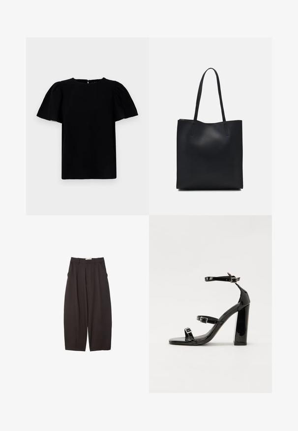 Černá blůza s krátkým rukávem, nafouklými rukávy, kulatým výstřihem a klíčovou dírkou na zádech. Má hladkou, texturovanou tkaninu.; Černé široké kalhoty vyrobené z hladkého materiálu, s vysokým pasem, předními sklady a bočními kapsami. Jednoduchý design bez ozdob.; Černé lakované sandály na vysokém podpatku se dvěma pásky se sponami, čtvercovou špičkou a robustním blokovým podpatkem, s hladkou, lesklou texturou.; Černá kožená taška přes rameno s hladkým povrchem, obdélníkovým tvarem a dvěma dlouhými uchy. Žádné viditelné kování ani ozdoby.