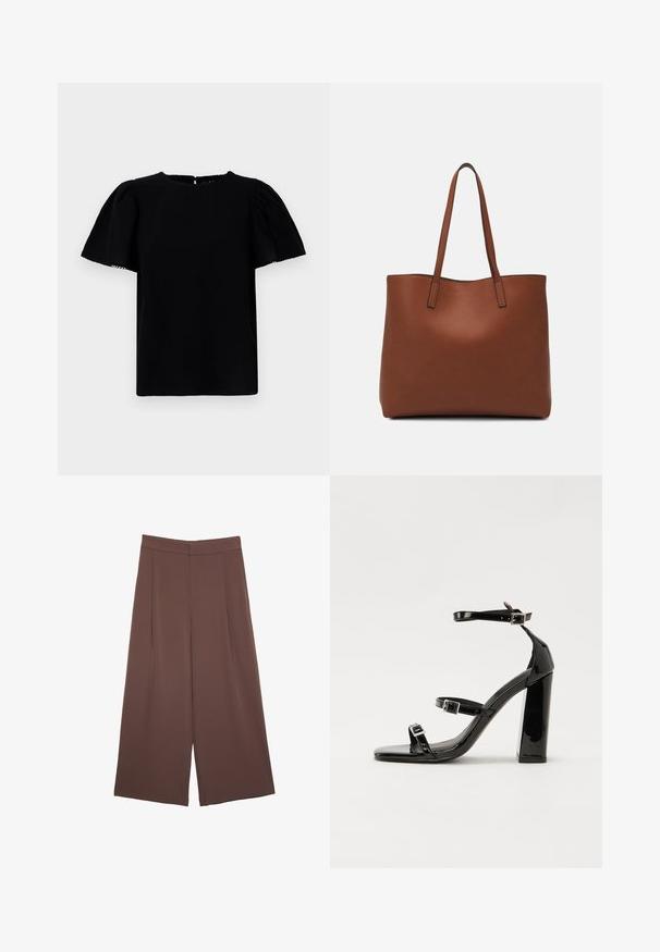 Černá blůza s krátkým rukávem, nafouklými rukávy, kulatým výstřihem a klíčovou dírkou na zádech. Má hladkou, texturovanou tkaninu.; Hnědé široké kalhoty s hladkou texturou, vysokým pasem a předními záhyby. Materiál je lehký a volně splývá.; Černé lakované sandály na podpatku se čtveratou špičkou, lýtkovými pásky a stříbrnými přezkami. Disponují masivním blokovým podpatkem pro stabilitu.; Hnědá kožená taška přes rameno s hladkou texturou, otevřeným designem a dvěma ramenními popruhy. Obsahuje minimální švy a žádné viditelné kovové prvky.