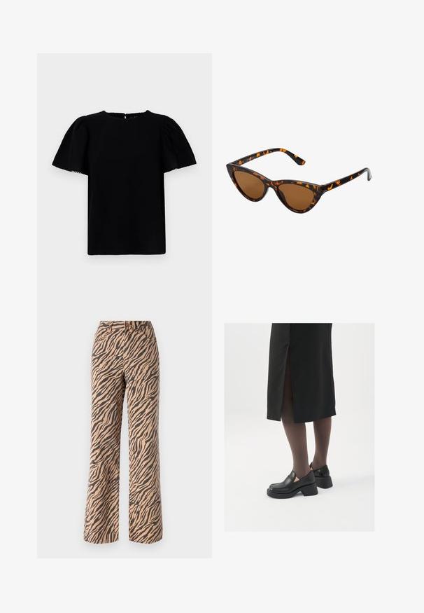 Černá blůza s krátkým rukávem, nafouklými rukávy, kulatým výstřihem a klíčovou dírkou na zádech. Má hladkou, texturovanou tkaninu.; Kalhoty s širokými nohavicemi v tygřím pruhu v odstínech hnědé a černé, s klasickým pasem a designem s pěti kapsami.; Černé kožené boty s kulatou špičkou, silným blokovým podpatkem a elastickými bočními akcenty, spárované s tmavými punčochami a černou sukní se rozparkem.; Sluneční brýle ve stylu kočičích očí s černo-oranžovým želvovinovým rámem, hnědými skly a elegantními, špičatými konci. Obsahují minimalistické logo na straně.