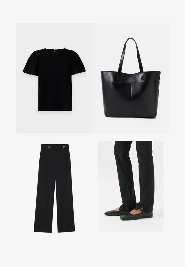 Blusa preta de manga curta com mangas volumosas, decote redondo e fecho nas costas em formato de olho-chave. Apresenta um tecido suave e texturizado.; Calças largas pretas com cintura alta, detalhes em botão na cintura e pregas frontais.; Sapatilhas de balé pretas em couro com bico fino, tira com fivela prateada, combinadas com calças pretas ajustadas com bainha fendida.; Bolsa tote preta em couro com duas alças longas, textura suave e forma estruturada. Apresenta um bolso frontal para armazenamento adicional.