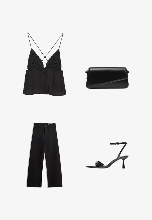 Camisola nera con superiore in pizzo a uncinetto e design a V, spalline sottili regolabili e fondo leggermente svasato.; Pantaloni in denim neri a gamba larga con vita alta, dotati di tasche anteriori e posteriori, cuciture a punto, e chiusura con bottone. Texture liscia.; Bershka Sandali con tacco - black; Borsa a pochette nera in pelle con un design geometrico, caratterizzata da un dettaglio di cucitura diagonale e accenti in metallo argentato. Texture liscia.