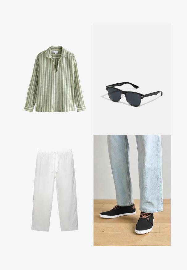 Camicia a maniche lunghe verde chiaro a righe con colletto, caratterizzata da strisce verticali in diverse tonalità di verde e crema, e un'apertura a V.; Pantaloni bianchi in lino con cintura elastica e cordoncino, design a gamba ampia e cuciture pulite. Texture liscia con vestibilità casual.; Sneaker nere in tela con dettagli marroni, suole in gomma bianca e lacci marroni, abbinate a jeans dritti azzurri. Sfondo in legno.; Occhiali da sole neri con forma rettangolare, lenti scure, dettagli in argento alle tempie e finitura opaca sulla montatura.