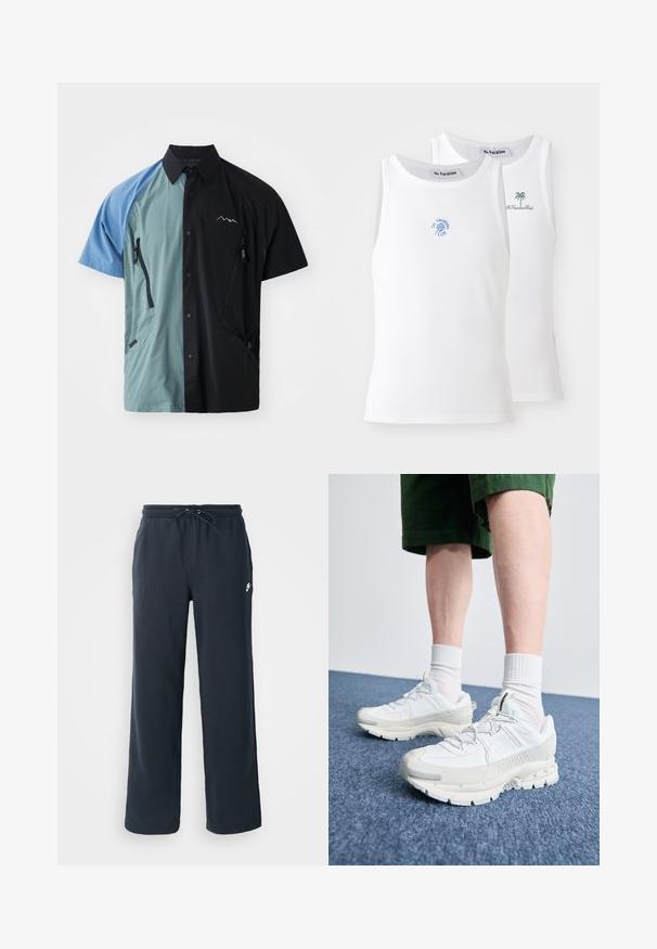Nuppudega lühikeste varrukatega särk, millel on värvitakistuse kujundus sinises, türkiissinises ja mustas. Sisaldab mitmeid lukuga taskuid ja agentuuri logo.; Kaks valget T-särki, ribarebane tekstuur, millel on sinised ja rohelised tikitud logod. Ühel on päikesesool, teisel palmipuu.; Tumedast meresinised dressipüksid elastse vöökoha ja nööriga. Valmistatud pehmest kangast, vasakul puusal väike valge logo.; Valged sportsijalatsid tekstuursete pealsete, kopsaka tallaga ja hallide aktsentidega. Kanda valgete lühikeste sokkidega ja roheliste lühikeste pükstega sinisel pinnal.