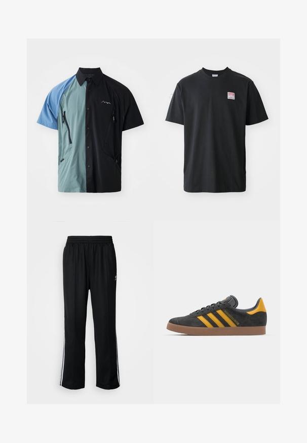 Srajca s kratkimi rokavi z gumbi, ki vsebuje barvno blokirano zasnovo v modri, teal in črni barvi. Ima več zippered žepov in logotip agencije.; Črna bombažna majica s kratkimi rokavi in okroglim ovratnikom ter majhno obarvano nalepko na levem prsnem delu, na kateri je napisano "SUPERIOR".; Črne atletske hlače z elastičnim pasom, ki imajo bele stranske črte in majhen logo. Material izgleda mehak in lahek.; Črne semiš tene z rumenimi akcenti, ki vsebujejo tri trakove in rjavo gumo podplat. Vključujejo oblazinjeno jezik za udobje.