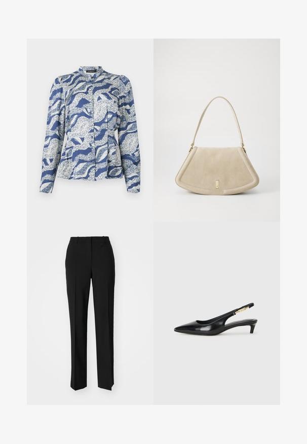 Blue blouse featuring a wave pattern in white, with a button-up front, rounded collar, and long sleeves. Made from a textured fabric.; Black tailored trousers with a straight-leg design, featuring a smooth texture and crisp creases along the front. No visible hardware.; Black leather slingback heels with a pointed toe, featuring a slim heel and a gold-tone accent on the adjustable strap. Smooth texture.; Beige suede handbag with a rounded triangular shape, a single strap, and a gold-tone hardware accent on the front.