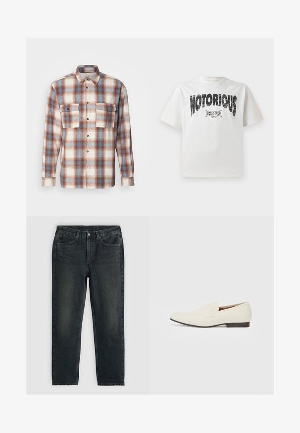 Raibais krekls krēmkrāsā, brūnā un gaiši zilā krāsā. Garas piedurknes, pogājams priekšpuses uzdāvinājums ar divām krūtīm kabatām un melniem pogu akcentiem. Mīksta tekstūra.; Balts kokvilnas T-krekls ar īsām piedurknēm, kuram ir izteikts melns "NOTORIOUS" grafiskais teksts un "WORLD TOUR 1990" dizains apakšā ar nolietotu drukājumu.; Tumši zili džinsi ar taisnu kāju griezumu, ar piecām kabatām, rāvējslēdzēju un kontrastējošām diegvīlēm. Auduma viegla izbalēšana.; Gai bēša kurpes ar smailu pirkstu, gludu materiālu, siksnu pāri pēdas daļai un zemu brūnu zoli. Vienkāršs dizains ar minimāliem akcentiem.