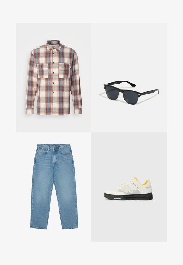 Camicia a quadri in crema, marrone e azzurro chiaro. Maniche lunghe, davanti con bottoni e due tasche sul petto, con dettagli in plastica nera. Tessuto morbido.; Jeans a gamba larga in denim azzurro chiaro con vita alta, dotati di cinque tasche, passanti per cintura e una consistenza morbida e leggermente sbiadita.; Scarpa sportiva bianca e grigia con tomaia texturizzata, dettagli gialli sulla linguetta e una suola nera spessa. Presenta perforazioni per la traspirabilità.; Occhiali da sole neri con forma rettangolare, lenti scure, dettagli in argento alle tempie e finitura opaca sulla montatura.