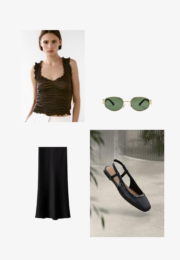 Brun ruched linne med scalloped kanter och volangärmar, med en figurnära design och mjuk textur, bärs över vita underdelar.; Svart midikjol i mjukt och lätt tyg. Har rak skärning, ingen synlig hårdvara och en enkel design utan mönster.; Svart läderslingback platt sko med fyrkantig tå, utrustad med glansigt lacktrim och justerbara remmar för en säker passform.; Guldmetallramade solglasögon med gröna tonade linser, oval form, svarta skalmar och klara näsaskar. Rent, minimalistiskt design.
