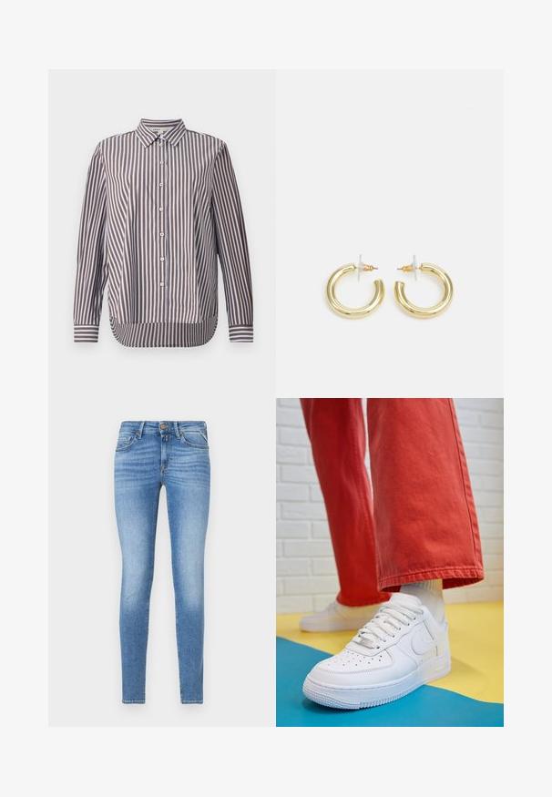 Camisa de botões feita de algodão, com riscas verticais castanhas e azul claro, colarinho pontudo e mangas longas com punhos abotoados.; Jeans de ganga azul claro, slim-fit, com cintura média, botão frontal e design de cinco bolsos.; Sapatilha de couro branca com biqueira perfurada, sola texturizada e atacadores brancos, combinada com calças largas vermelhas e um fundo azul e amarelo.; Brincos em argola dourados com um acabamento liso e brilhante. Design circular com um pequeno pino e suporte transparente para um uso seguro.