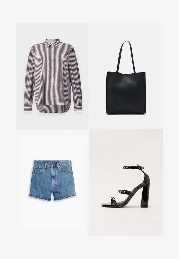 Button-up shirt made from cotton, featuring vertical brown and light blue stripes, a pointed collar, and long sleeves with button cuffs.; Denim shorts in light blue, featuring five pockets, a zip fly, and a button closure. The hem is frayed with a relaxed fit design.; Black patent high-heeled sandals with two buckle straps, square toe, and a chunky block heel, featuring a smooth, glossy texture.; Black leather tote bag with smooth texture, rectangular shape, and two long handles. No visible hardware or embellishments.