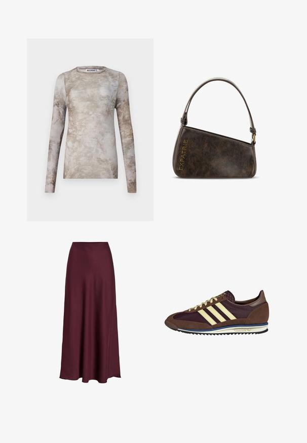 Langarmtop in een mix van beige en taupe met een gemarmerde textuur, ronde halslijn en een getailleerd ontwerp. Label "WEEKDAY" binnenin.; Bordeaux satijnen maxi rok met een zachte textuur, hoge taille en een vloeiende silhouet die zachtjes uitloopt naar de zoom.; Bruine en bordeauxkleurige sneaker van suede en mesh materiaal, met drie crèmekleurige strepen, een gemêleerd stof op de tong en een rubberen zool.; Bruine faux leren handtas met een hoekig design, voorzien van een korte handgreep, bronzen hardware en de in goud geperste tekst "EXPATRIE".