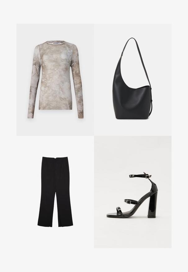 Long-sleeve top in a blend of beige and taupe with a marbled texture, round neckline, and a fitted design label "WEEKDAY" inside.; Black trousers with a straight fit, featuring front pockets and side slits at the hem. Made of soft, smooth fabric. Suitable for various occasions.; Black patent heeled sandals with a square toe, ankle straps, and silver buckles. Features a chunky block heel for stability.; Black leather hobo bag with a smooth texture, curved shape, and single adjustable strap; features a wide opening at the top.