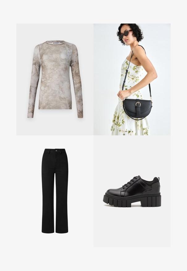 Garums piedurknes tops, kas izgatavots no bēša un taupe krāsas auduma ar marmora tekstūru, ar apaļu kakla izgriezumu un pieguļošu dizainu. Iekšpusē atrodas birka "WEEKDAY".; Melnas, augstā jostasvietā izstrādātas bikses ar taisnu kāju dizainu, izgatavotas no gludas kokvilnas auduma. Iekļauj priekšējās kabatas un vienkāršu metāla pogas aizdari.; Melnas ādas platformas kurpes ar masīvu bloku papēdi, apaļu purngalu un tradicionālu saistīšanas dizainu. Izceļas ar gludu tekstūru un minimālu apdari.; Melnas ādas rokassoma ar izliekta formu, noņemamu siksnu un zelta aksesuāriem. Somai ir vāciņš ar sprādzes detaļu.