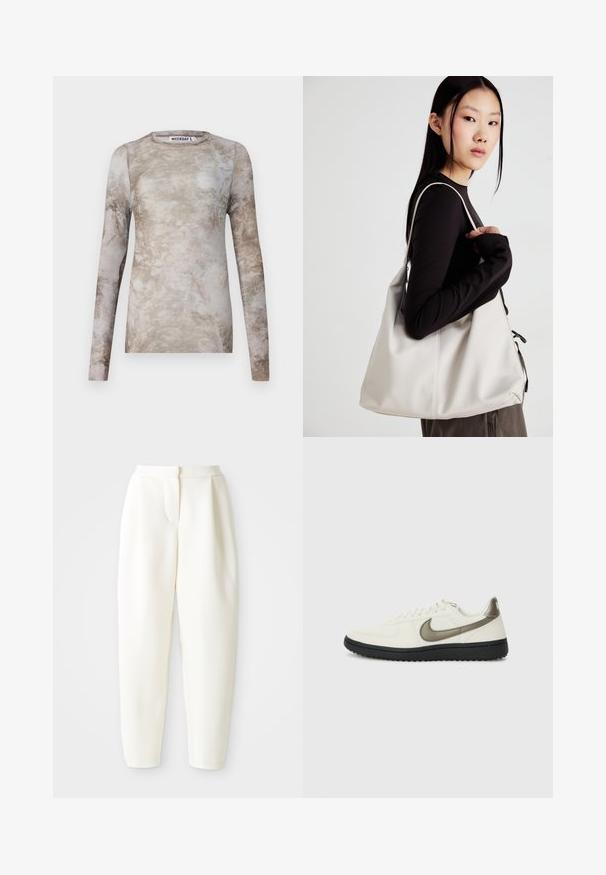 Long-sleeve top in a blend of beige and taupe with a marbled texture, round neckline, and a fitted design label "WEEKDAY" inside.; High-waist tapered white pants with a concealed front closure and side pockets, displayed against a plain white background.; Nike Sportswear FIELD GENERAL - Trainers - off-white/black; Beige handbag made of soft material, featuring a slouchy design, stitched detailing, and two shoulder straps. Suitable for everyday use.