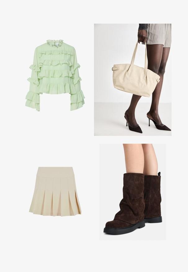 Blusa verde chiaro con molteplici strati di volant sul corpo e sulle maniche. Tessuto morbido con un colletto alto e maniche lunghe e svasate.; Gonna beige a pieghe con vita aderente, realizzata in un tessuto morbido. Presenta diverse pieghe verticali e un orlo dritto.; Stivali in suede marrone a metà polpaccio con suole in gomma nera indossati su gambe nude, mostrano lievi pieghe sulla parte superiore degli stivali.; Borsa a tracolla beige con una finitura in pelle liscia, forma strutturata, due manici e dettagli a scatto laterali. Abbinata a eleganti tacchi neri.; Fascia per capelli imbottita di colore crema con design intrecciato, abbinata a una camicia a righe beige e bianche con scollatura rotonda. Accenti di gioielli delicati.