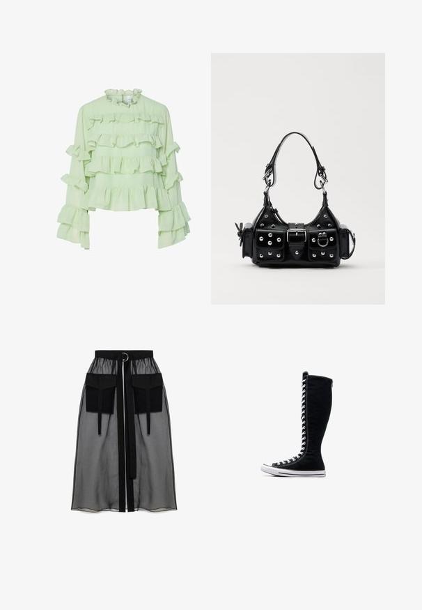 Hele rohelise pluusi, millel on mitmekordsed volangid kehal ja varrukatel. Pehme kangas kõrge volangiga kaelusega ning pikad, laienevad varrukad.; Must mustriga seelik, millel on kogutud vöökoht, kaks suurt esitaskut, vöötie ja ringikujuline metallaktsent.; Mustad mustad ketsid, millel on pikk disain, valmistatud kanvasest. Omavad valgeid paelu, õmblusi ja kummist tallat, millel on varbapatja kate.; Must värvi nahast käekott, millel on kaarjas disain, hõbedased nupukesed, kinnitusahe ja kaks külgtaskut. Reguleeritav rihm erinevate kandmisvõimaluste jaoks.