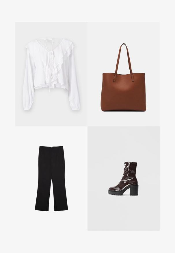 Blusa bianca a maniche lunghe con scollatura arricciata e fiocco sul retro. Presenta un tessuto testurizzato e un design cropped con una vestibilità morbida.; Pantaloni neri a gamba dritta, con tasche frontali e spacchi laterali all'orlo. Realizzati in tessuto morbido e liscio. Adatti a diverse occasioni.; Stivale alla caviglia bordeaux lucido con un tacco spesso nero, caratterizzato da una superficie liscia e un design semplice. Nessuna chiusura visibile o motivo.; Borsa tote in pelle marrone con texture liscia, design con apertura superiore e due spallacci. Presenta cuciture minime e nessun hardware visibile.