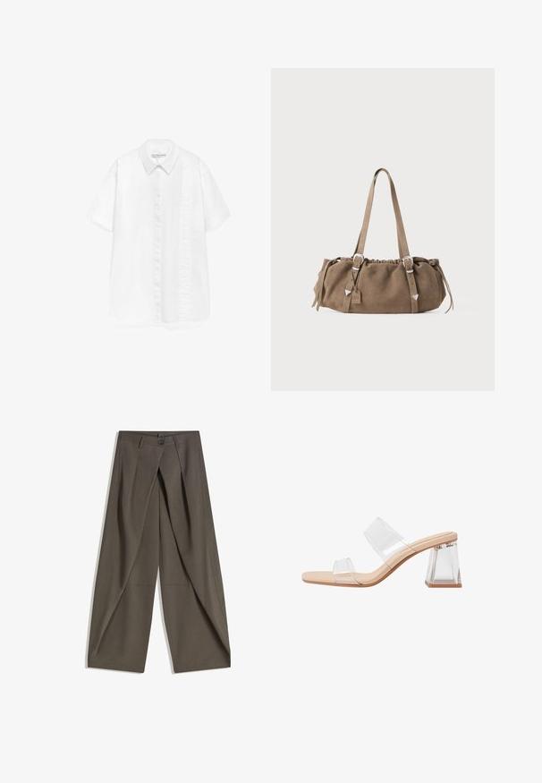 ADOLFO DOMINGUEZ Hemdbluse - white; Weite Hosen aus einem strukturierten, dunkelgrauen Stoff. Mit einer vorderen Faltenlegung, Knopfverschluss und praktischen Seitentaschen ausgestattet.; Transparente Sandalen mit Absatz, die zwei klare Riemen, eine beige Sohle und einen geometrischen klaren Blockabsatz aufweisen. Minimalistisches Design mit glatter Textur.; Braune Wildleder-Handtasche mit gerafftem oberen Teil, silbernen Hardware-Details und zwei Schulterriemen. Sie hat eine rechteckige Form und ein minimales Design.